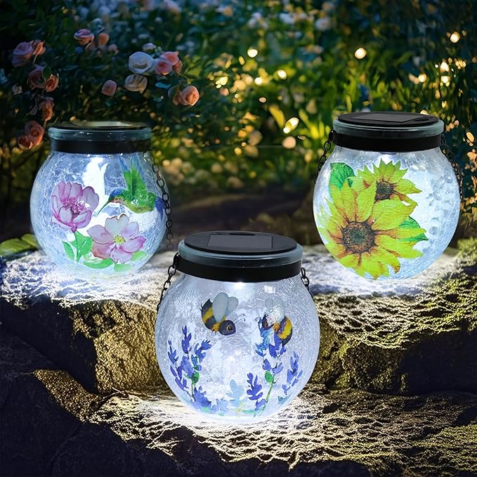WONDER GARDEN Solar Lanterns Outdoor Waterproof, 3 Pack Hanging Solar Lights Decorative, Sunflower Hummingbird Bee Glass Garden Lantern Light for Yard Outside Patio Outside Decor Gift, White Light