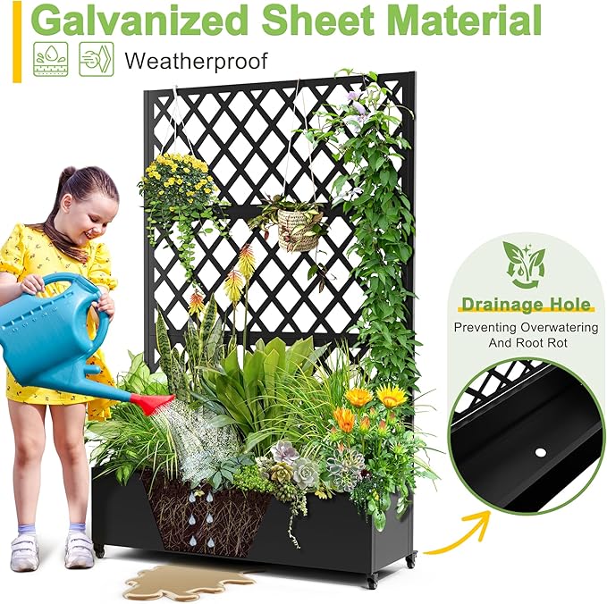 FENCY Metal Planter Box with Diamond Lattice Trellis Planter Box for Climbing Plants/Vines, Galvanized Raised Garden Bed On Wheels, Garden Bed with Trellis(73"x47" Black)