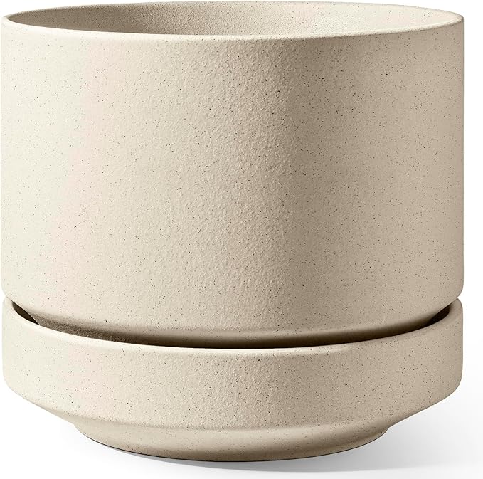 LE TAUCI Large 14 Inch Plant Pot with Saucer | Ceramic Outdoor & Indoor Big Planter Pot | Drainage Hole, Mesh Pad & Plug | Unglazed Porous | Modern Minimalist for Home and Patio – Speckled Oat