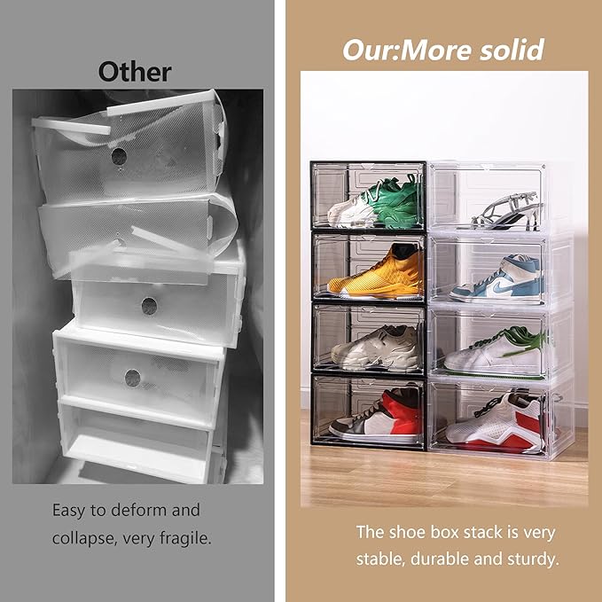 Attelite 8 Pack Shoe Boxes Clear Plastic Stackable, Upgrade Large Shoe Storage Organizer Containers with Magnetic Door for Display Sneaker, Easy Assembly