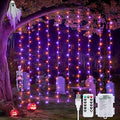 JMEXSUSS 200 LED Orange & Purple Halloween Curtain Lights Battery and USB Operated with Remote, 8 Modes Hanging String Lights for Bedroom, Halloween Lights Indoor Outdoor for Backdrop Party Decor