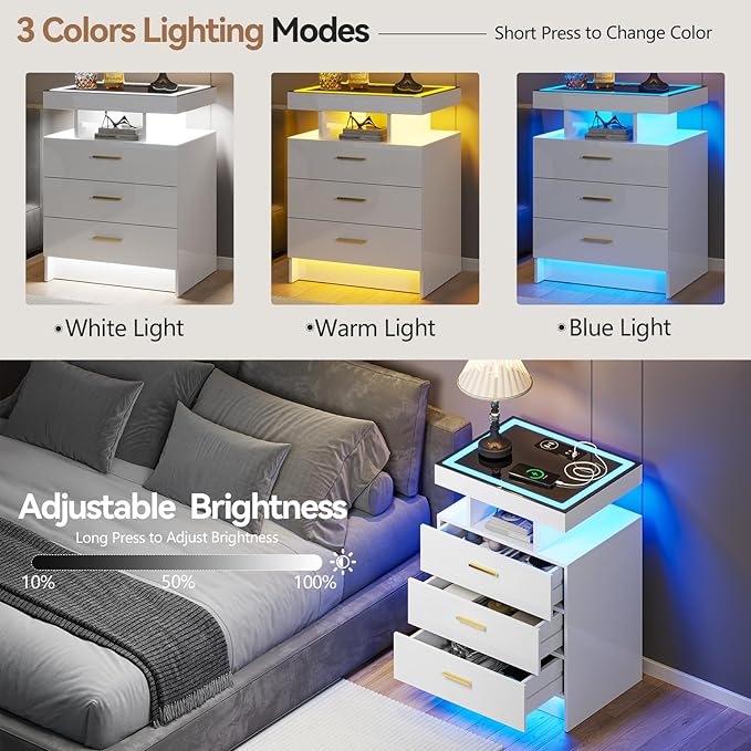 White Night Stand with Wireless Charging Station,Smart Bedside Table with 3 Drawers,Modern Glass Top End Table with 3 Color Dimmable,LED Nightstand for Bedroom