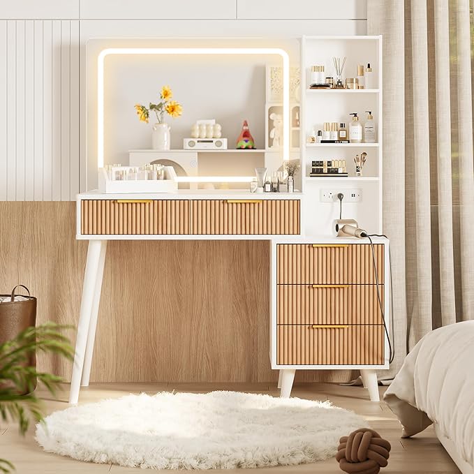 Makeup Vanity Desk with Mirror and Lights, Makeup Vanity with 5 Drawers&Storage Shelves, Vanity Table with Power Outlet, 3 Color Adjustable Lighting Dressing Table Set for Bedroom Oak