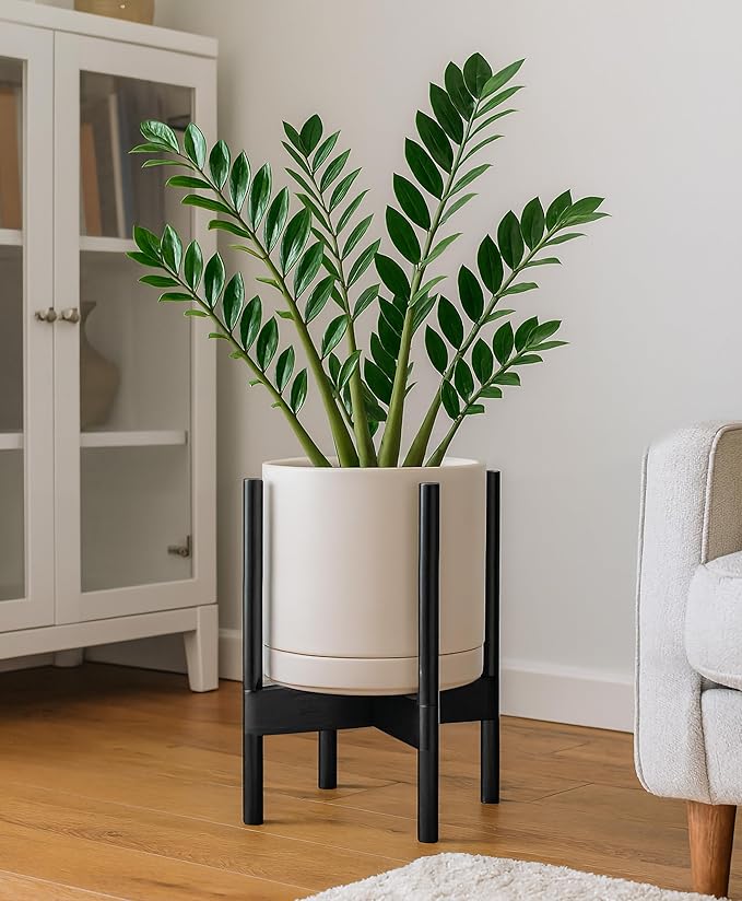 D'vine Dev Ceramic Planter with Ebony Stand - 10 Inch Modern Round Flower Pot with Wood Planter Holder, Oatmeal, 55-B-L-8