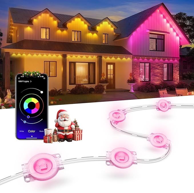 Nexillumi Permanent Outdoor Lights for House, 100ft Smart RGB LED Lights Outside with 16 Million DIY Colors, IP67 Waterproof Eternity Eaves Lighting for Christmas Halloween Holiday Daily Decorations