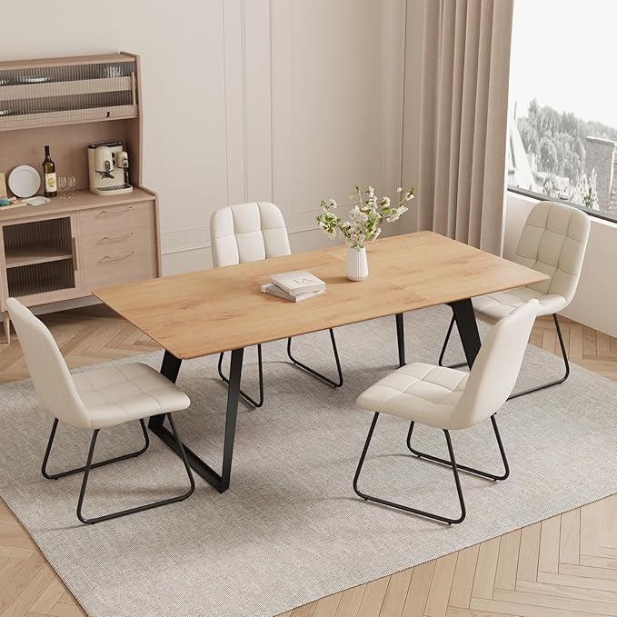 ZckyCine 63"-79" Expandable Dining Table Set for 6, Wood Table & 6 White Chairs, Extendable Kitchen Dining Table Set for Kitchen & Dining Room, Modern Oak & White