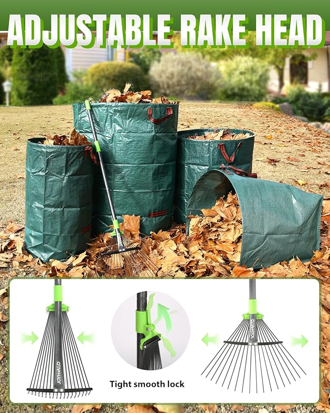 Joyhalo 63.4 Inch Rake for Leaves with 40 Gallon Dustpan-Typ Leaf Bags, Adjustable 18 Tines Metal Leaf Rake Set for Gardening Lawns Yard Outdoor Camping Shrub Grass Bush Grass Clippings