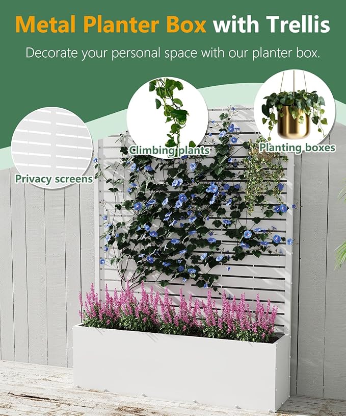 Metal Planter Box with Trellis,70.9"x47.2"x15.7" Raised Garden Bed with Drainage Holes, Privacy Planters for Outdoor Garden Bed for Climbing Plants,Vegetables,and Vines, White-louvered