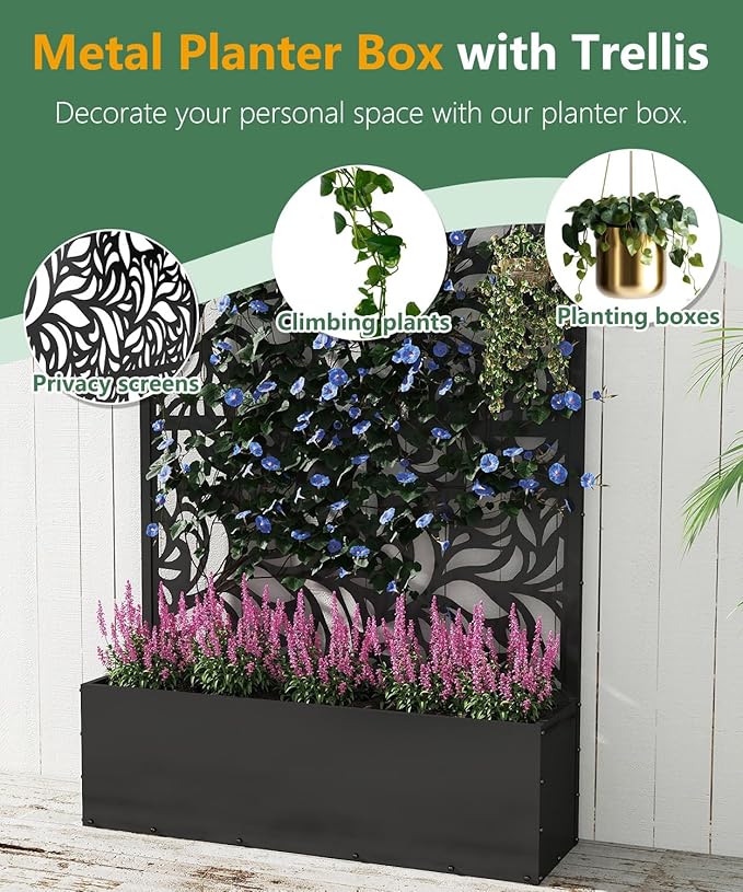 Metal Planter Box with Trellis,70.9"x47.2"x15.7" Raised Garden Bed with Drainage Holes, Privacy Planters for Outdoor Garden Bed for Climbing Plants,Vegetables,and Vines, Black-Flower