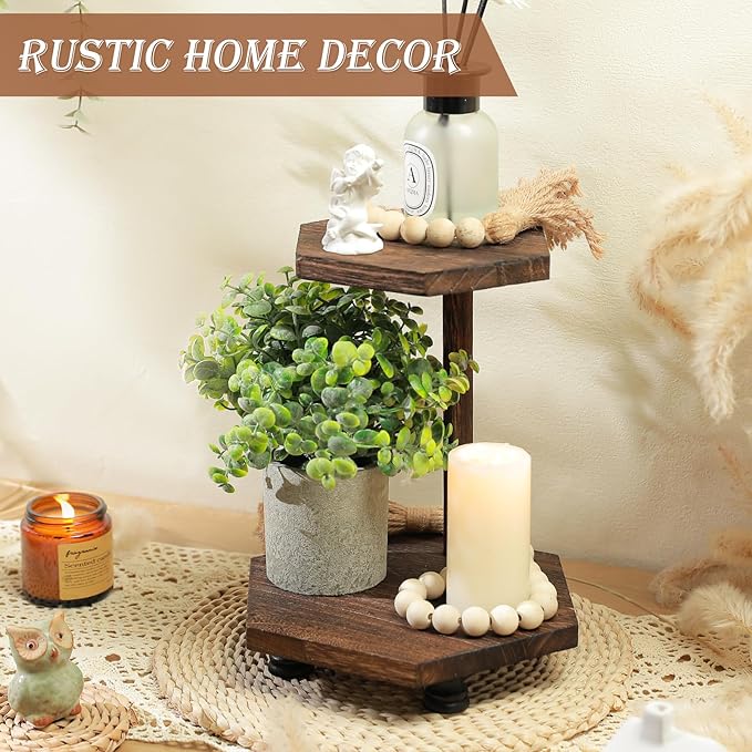 Tikea Hexagonal Wood Riser for Display, 2-Tier Rustic Wood Farmhouse Riser for Kitchen Bathroom Counter Decor, Decorative Tray for Soap Dispenser, Decorations and Plant (Brown)