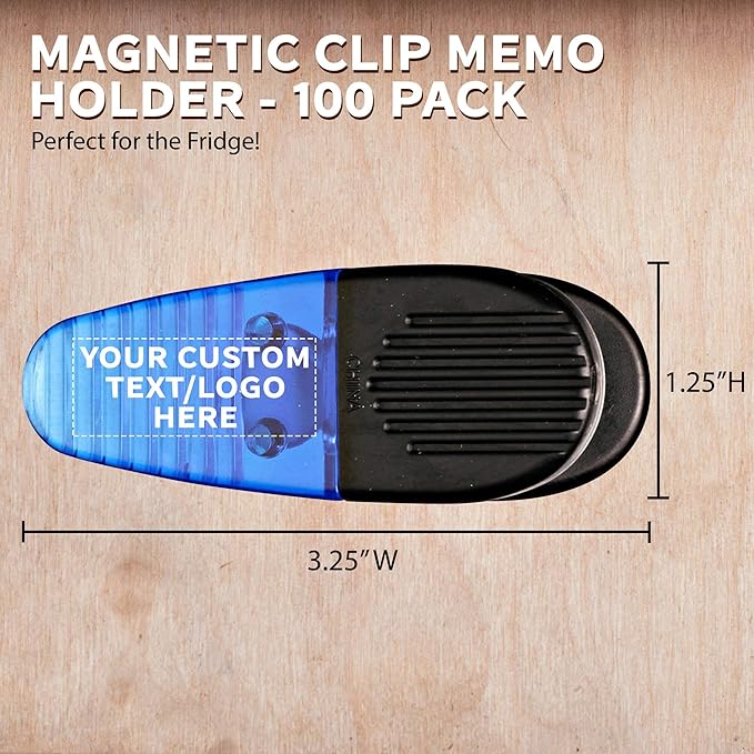 100 Magnetic Memo Holders Set - Customizable Text, Logo - Large Clip, Plastic - TBlue