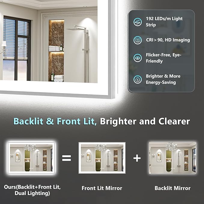 72x36 Brushed Nickel LED Bathroom Mirror with Lights, Sliver Framed Backlit and Front Lit Anti-Fog Lighted Vanity Mirrors for Bathroom Wall, Dimmable, 3 Colors, Memory, Tempered Glass, CRI＞90