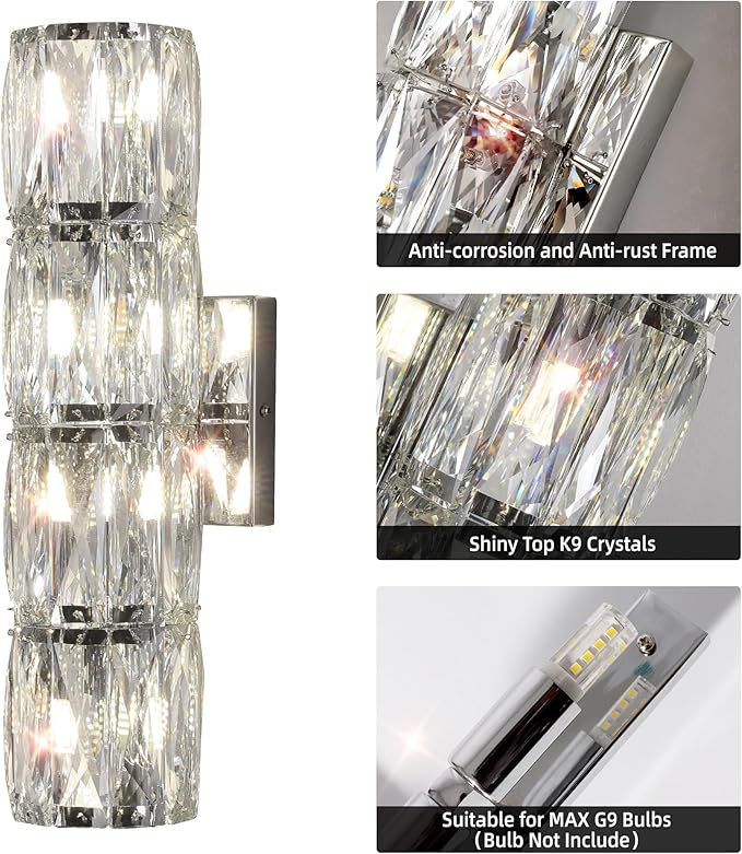 Crystal Wall Sconces Set of Two, Modern Sconces Wall Decor Set of 2 Chrome Bedroom Indoor Wall Sconce Bedside Wall Mounted Lamp for Hallway Bathroom Vanity Light Fixtures
