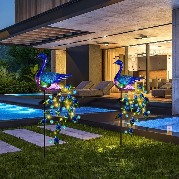 DREAMSOUL Peacock Solar Garden Lights Outdoor Decorative Stake, Waterproof Metal Peacock Garden Decor Solar Powered Landscape LED Path Lights Walkway Patio Decoration Lawn Ornament