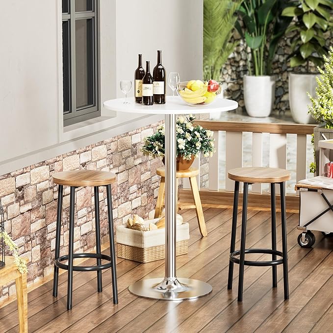 Shahoo Round Bar Table, Cocktail Tables with Metal Base & MDF Top, for Bistro Pub, Cafe, Silver and White