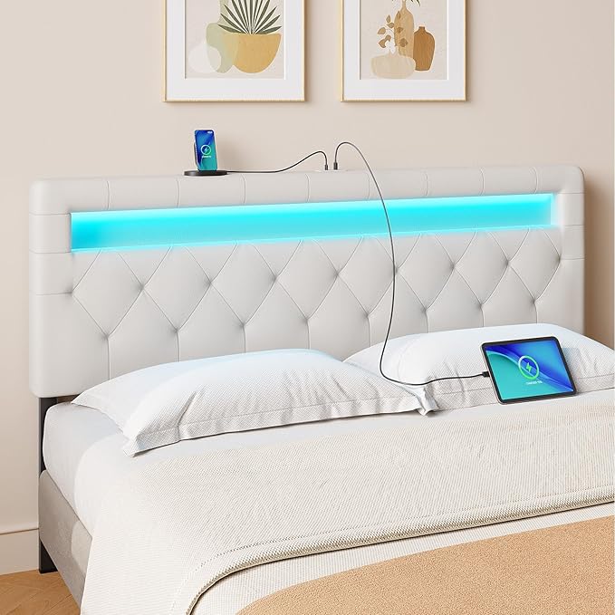GREENSTELL Headboard for Full Size Bed with 60,000 DIY Color of LED Light, USB & Type C Post, Upholstered, Height Adjustable, Sturdy, Easy Assembly, Wall Mounted Head Boards Only, White