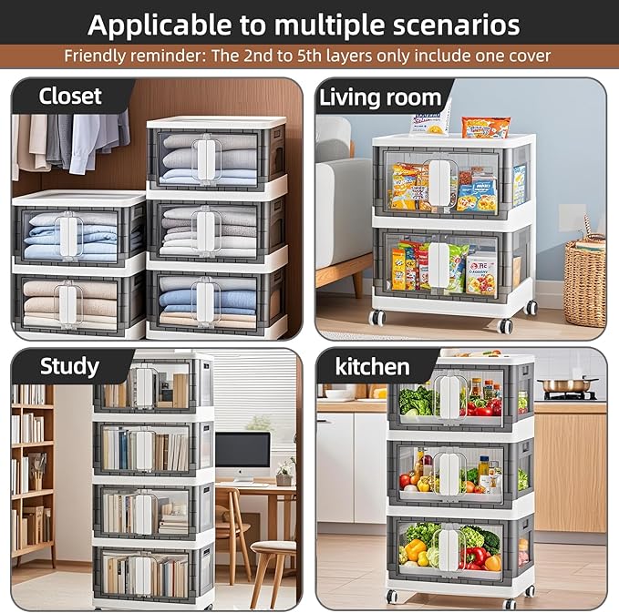 Folding Storage Organizer with Silent casters | Stackable Design for Home & Office, Heavy-Duty Plastic Storage Bin with Clear Door, 3 Sizes (19.5/23.5/27.5in),Black/White (23.6" 3 layer, White)