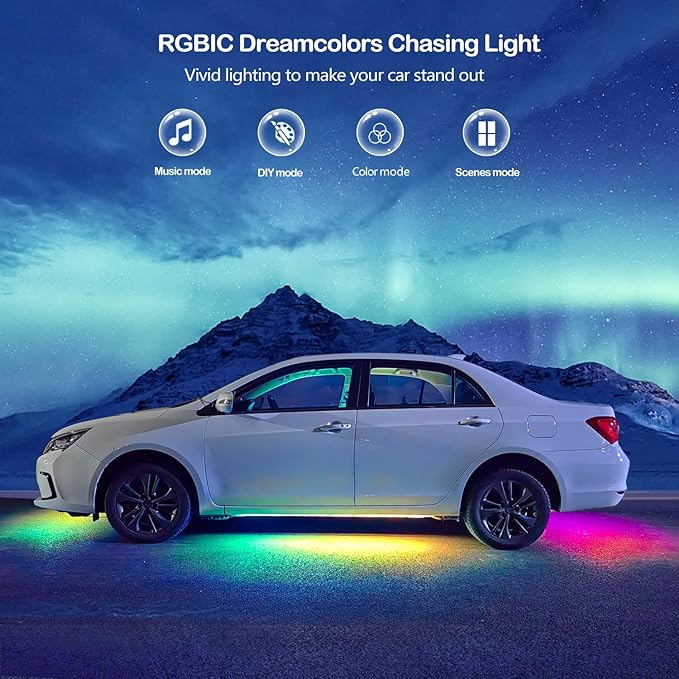 Underglow Car Lights, 252 LEDs RGBIC 4 pcs Dream Color Dancing Chasing Strip Lights with 16 Million Colors and 213 Scene Modes with App and Remote Control, 5 Music Modes for All Cars
