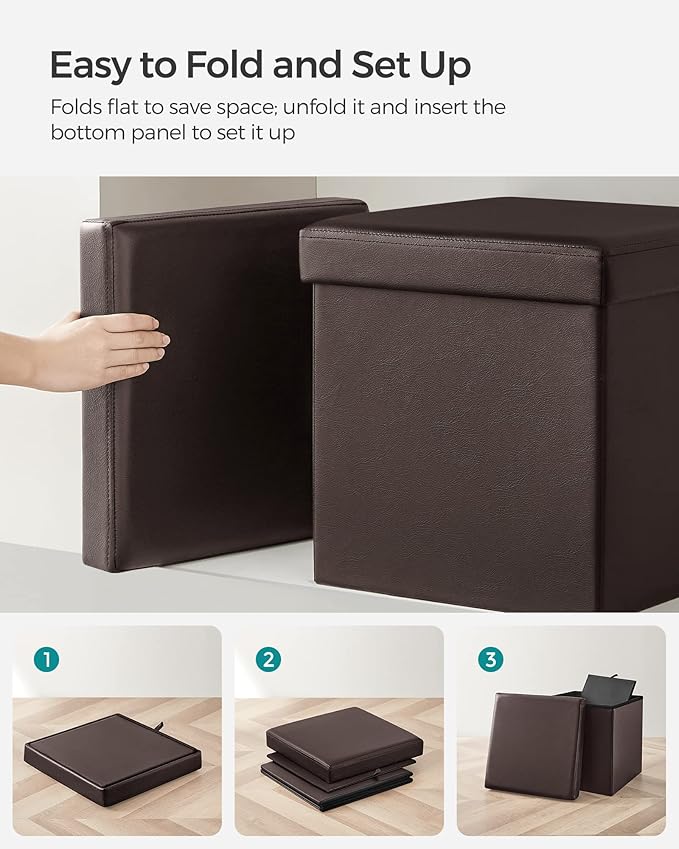 SONGMICS MAZIE Collection - 15 Inches Ottoman with Storage, Footstool, Storage Ottoman, Load 660 lb, for Dorm, Living Room, Bedroom, Synthetic Leather, Brown ULSF10B
