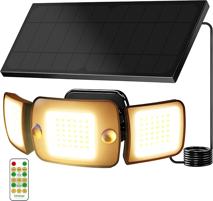 intelamp Outdoor Solar Flood Light Waterproof, Upgraded 6000mAh 1500LM/3000K Warm White 108 LED Dual Motion Sensor Dusk to Dawn Security Floodlight Exterior with Remote for Outside Garden Yard