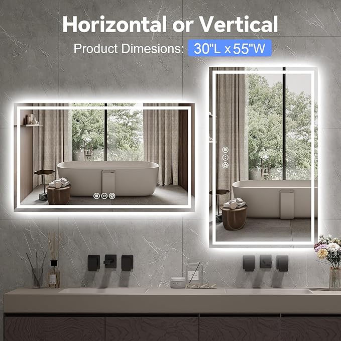 LED Bathroom Mirror 30x55 Inch Anti-Fog Bathroom Mirror with Lights, Wall Mounted Lighted Vanity Mirrors, Dimmable, Backlit + Front Lit, Smart Bathroom Vanity Mirror with 3 Colors Temperature