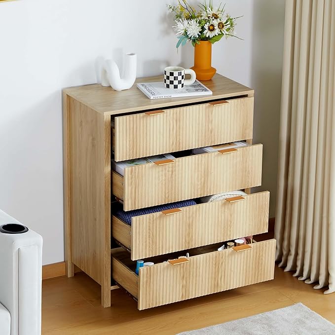 4 Drawer Dressers for Bedroom, Modern Closet Chest of Drawers with Waveform Fluted Panel, Large Wood Storage Dresser Organizer for Nursery Bedroom Living Room Hallway Closet, Natural