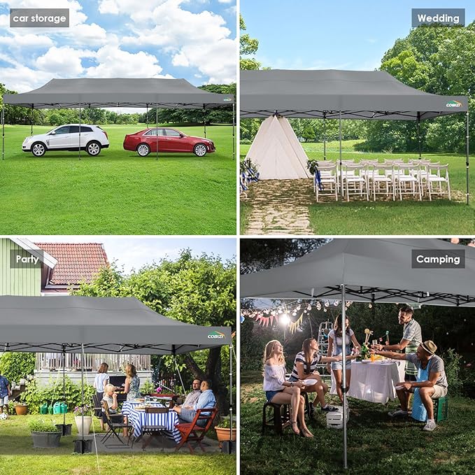 COBIZI 10x30 Pop up Canopy, Heavy Duty Outdoor Party Tents for Parties, Ez up UPF 50+ Waterproof Commercial Canopy with Wheeled Bag can fold, Gray(Windproof Upgraded)