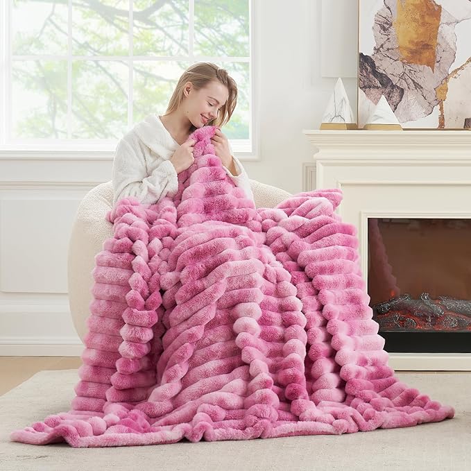 Cozy Bliss Faux Fur Throw Blanket for Couch, Cozy Warm Plush Striped Blanket for Sofa Bedroom Living Room, 60 * 80 Inches Tie-dye Pink