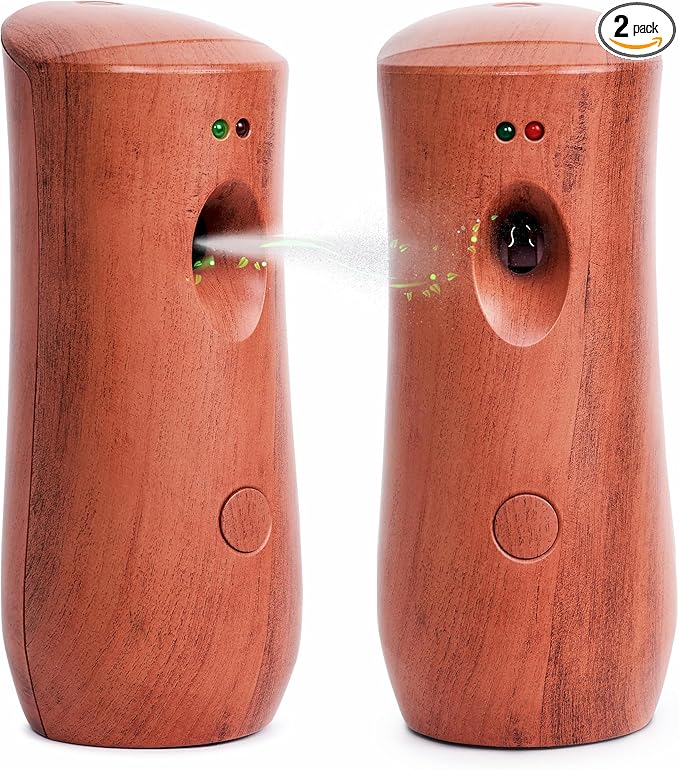 Automatic Air Freshener Spray Dispenser: Automatic Spray Dispenser with Elegant Wood Design for Commercial or Home Use (2-Pack), Battery Powered Free Standing or Wall Air freshener, Three Time Release