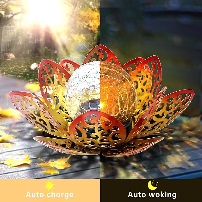 Solar Garden Decor Lights Outdoor, Decorative Lotus Flower Solar Lights with Crackle Glass Globe, Waterproof Metal Solar Lights for Patio Yard Lawn Walkway Garden Decor