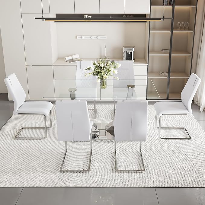 AZmac 63” Glass Dining Room Table Set for 6, Modern Kitchen Table and Chairs Set of 6, Dining Sets with Rectangular Tempered Glass and Sturdy Silver Chrome Base, for Kitchen Home