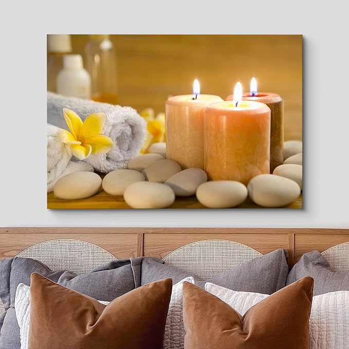 wall26 Canvas Print Wall Art Lit Spa Candle Trio with Stones & Yellow Blossoms Nature Wilderness Photography Realism Chic Scenic Relax/Calm Multicolor for Living Room, Bedroom, Office - 32"x48"