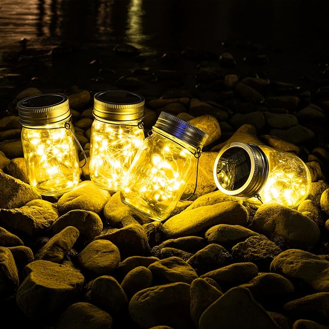 GIGALUMI Solar Mason Jar Lights, 8 Pack 30 Led String Fairy Lights Garden Lights Outdoor Waterproof Hanging Solar Lanterns for Outdoor, Garden, Patio, Lawn, Balcony Decoration