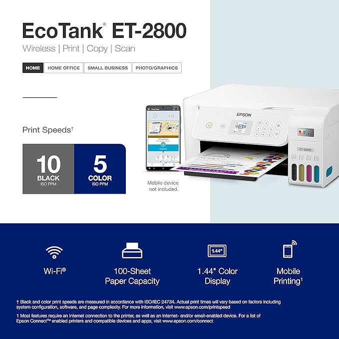Epson EcoTank ET-2800 Wireless Color All-in-One Cartridge-Free Supertank Printer with Scan and Copy â€“ The Ideal Basic Home Printer - White, Medium