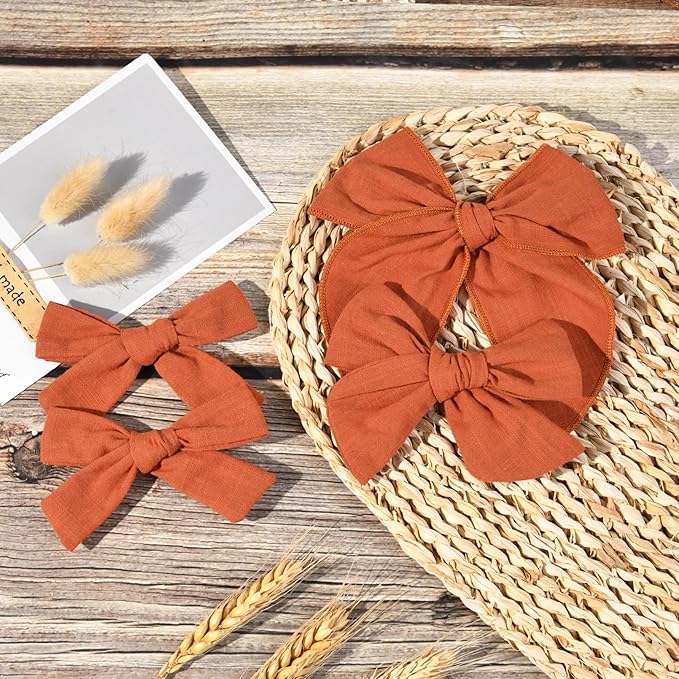 DEEKA 4 PCS Burnt Orange Cotton Linen Hair Bows 3 Styles 5" & 4" Handmade Hair Bow set for Toddler Girls Alligator Hair Clips Knot Bows Hair Accessories for Little School Girls (Burnt Orange)