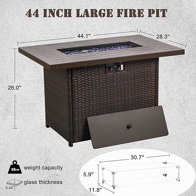 Propane Fire Pit Table,44 Inch 55000 BTU Outdoor Gas Fire Pit Rectangular with Glass Wind Guard for Outside Patio Deck (Brown-Aluminum Top)