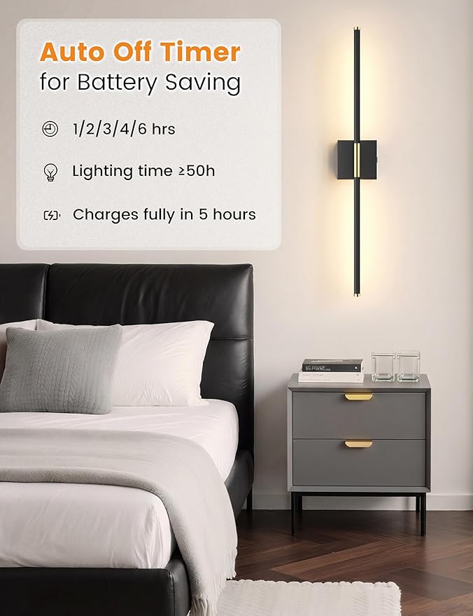 7800mAh Battery Operated Wall Sconces Set of Two, 34'' Rechargeable Wall Sconces with Remote, 360° Rotatable Battery Wall Sconce Decor, Wireless Wall Lights for Bedroom, Living Room(Black Gold)