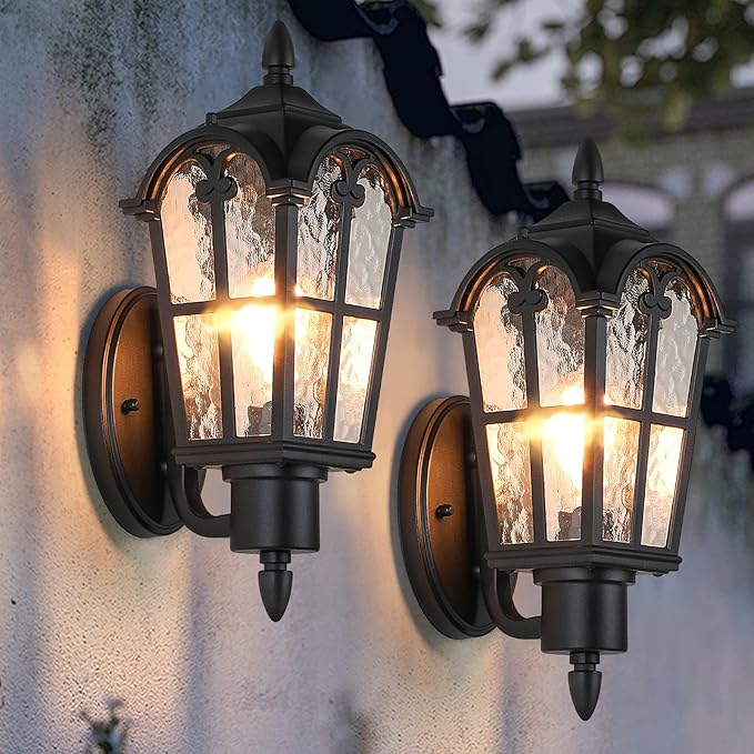 Sucolite Outdoor Wall Light Fixtures Wall Mounted, Exterior Waterproof Porch Lights Wall Lanterns, Outside Wall Sconces with Water Ripple Glass for House Front Door Garage, Retro Vintage Style, 2 Pack