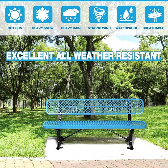 6Ft Outdoor Bench with Back Portable Frame, Outdoor Steel Park Bench with Backrest, Expanded Metal Mesh Bench for Outside, Lawn, Backyard, Park, Garden, Patio, Porch, Blue
