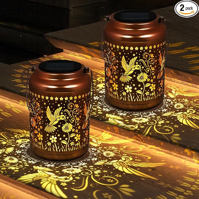 Gifts for Women Mom, 2 Pack Solar Lanterns Outdoor Garden Solar Lights Waterproof Hummingbird Decorative Hanging Metal Lights Gardening Gift for Outside Yard, Patio, Backyard, Farm