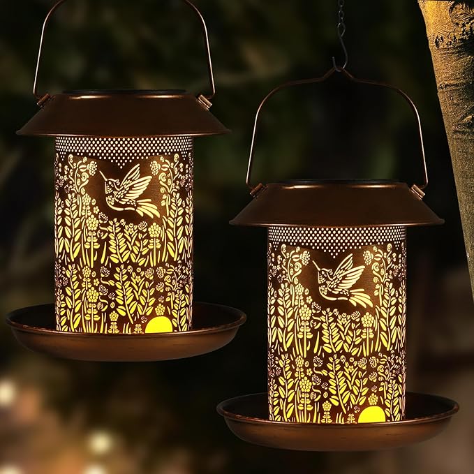 2 Pack Bird Feeders for Outdoors Hummingbird Garden Decor Gifts for Women Mom Grandma Solar Lanterns Outdoor Waterproof Metal Solar Decoration OutsideLED Lanterns for Yard, Patio, Lawn, Pathway