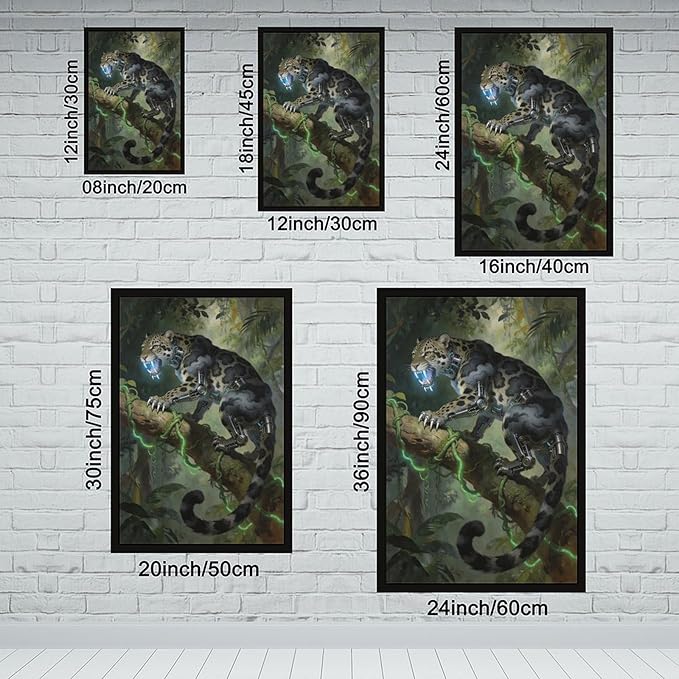 Framed Steampunk Mechanical Leopard Wall Art - Jungle Futuristic Beast Poster for Man Cave Living Room Decor 08x12in