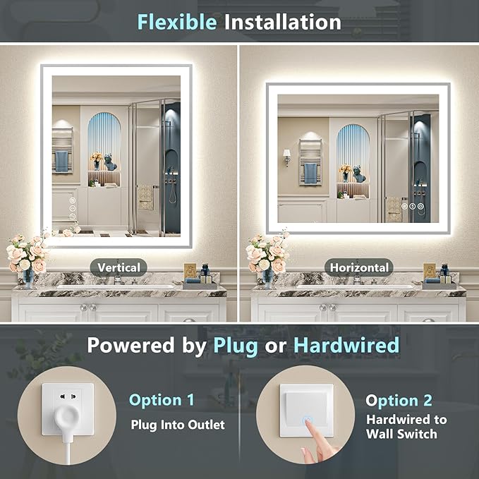 44x36 Brushed Nickel LED Bathroom Mirror with Lights, Sliver Framed Backlit and Front Lit Anti-Fog Lighted Vanity Mirrors for Bathroom Wall, Dimmable, 3 Colors, Memory, Tempered Glass, CRI＞90