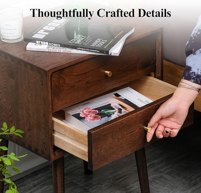 Night Stand, Midcentury Modern Solid Wood Nightstand with Drawer, Durable Sturdy Tall Bedside Tables with High Stool Leg, 17.72 W x 13.78 D x 23.63 H Inches (Walnut)