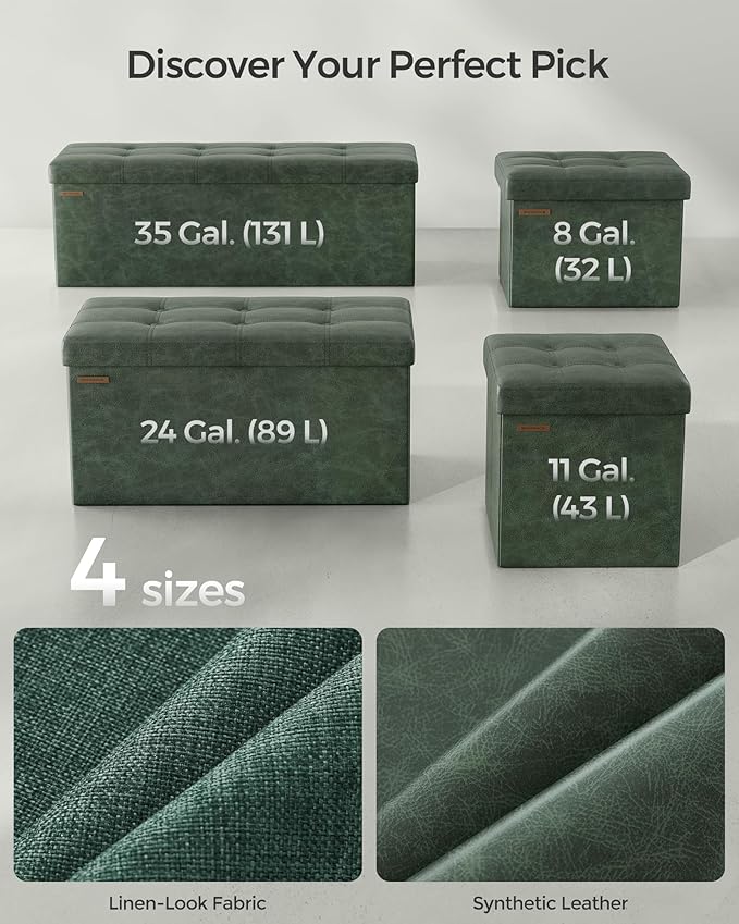 SONGMICS Mazie Collection - 30 Inches Folding Storage Ottoman Bench, Ottoman with Storage, Foot Rest Stool, Load 660 lb, for Living Room, Synthetic Leather, Forest Green ULSF040C01