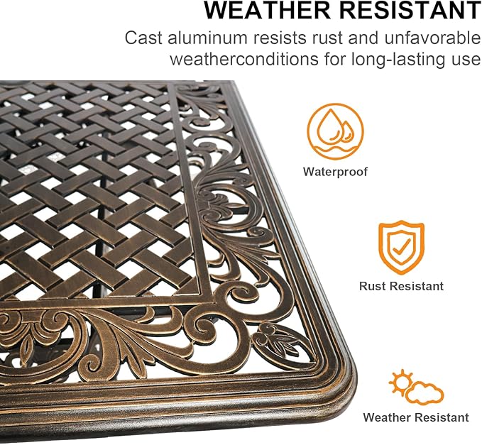 60" Rectangular Patio Dining Tables for 6 Person Cast Aluminum Round PatioTable with 2.5" Umbrella Hole, Wrought Iron Patio Bistro Table Metal Outdoor Bistro Dining Table for Garden,Bronze
