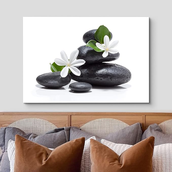 wall26 Canvas Print Wall Art White Daisy Flower Black Ocean Beach Zen Pebbles Nature Wilderness Photography Realism Rustic Landscape Colorful Multicolor for Living Room, Bedroom, Office - 16"x24"