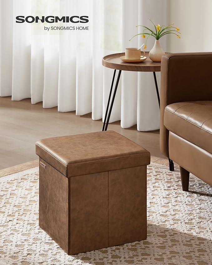 SONGMICS Mazie Collection - 15 Inches Ottoman with Storage, Footstool, Storage Ottoman, Load 660 lb, for Dorm, Living Room, Bedroom, Synthetic Leather, Coffee Brown ULSF010K01
