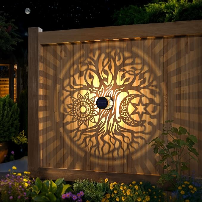 4 Pack Large Solar Fence Lights Metal Solar Powered Outdoor Wall Deck Step Lights Tree Theme Waterproof Fence Light for Garden Post Patio Backyard Yard Decor, Gardening Gifts for Women Mom Grandma