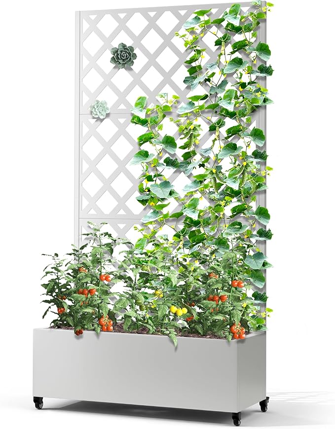 Metal Planter Box with Trellis & Wheels, Raised Garden Bed with Privacy Screen, Outdoor Standing Flower Beds with Drainage Hole for Climbing Plants, Vine, 35.4" L x 15.7" W x 70.9" H, White